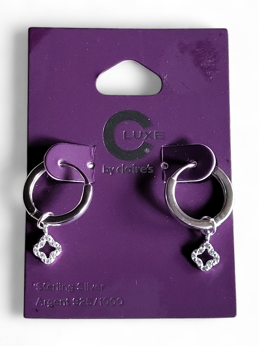 Sterling Silver Hoop Earrings with CZ Quatrefoil Charm